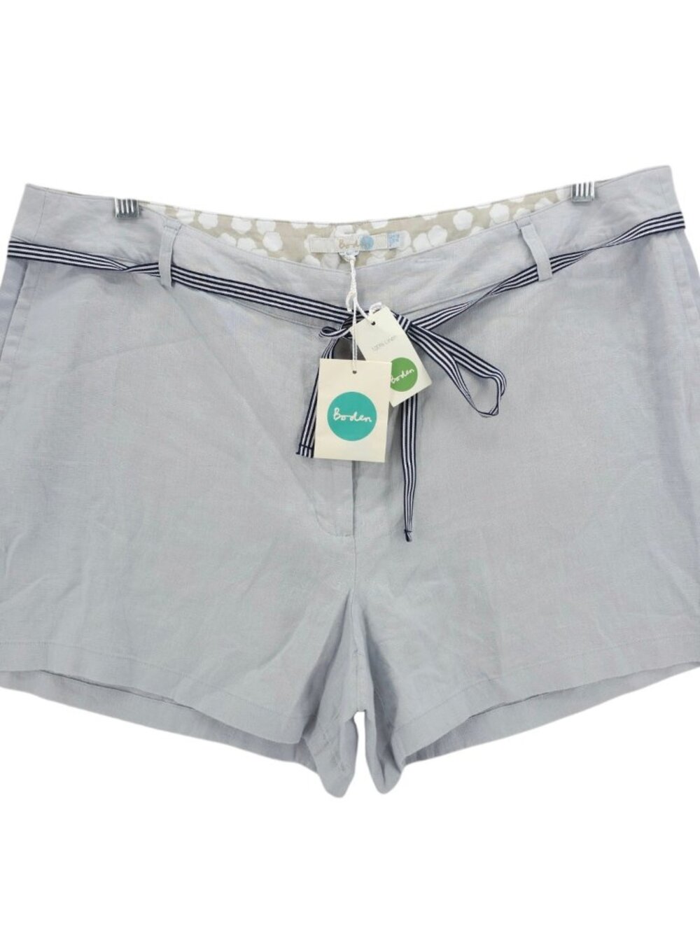 NWT BODEN 100% Linen Shorts Light Gray Ribbon Belt 4" Inseam Size US 14